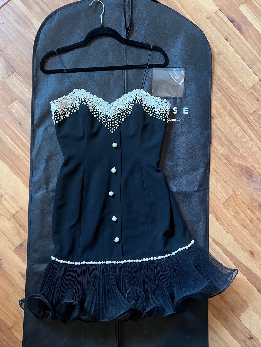 Rare Vintage 80s Bill Blass Black Pearl-Trim Spaghetti Strap Cocktail Dress